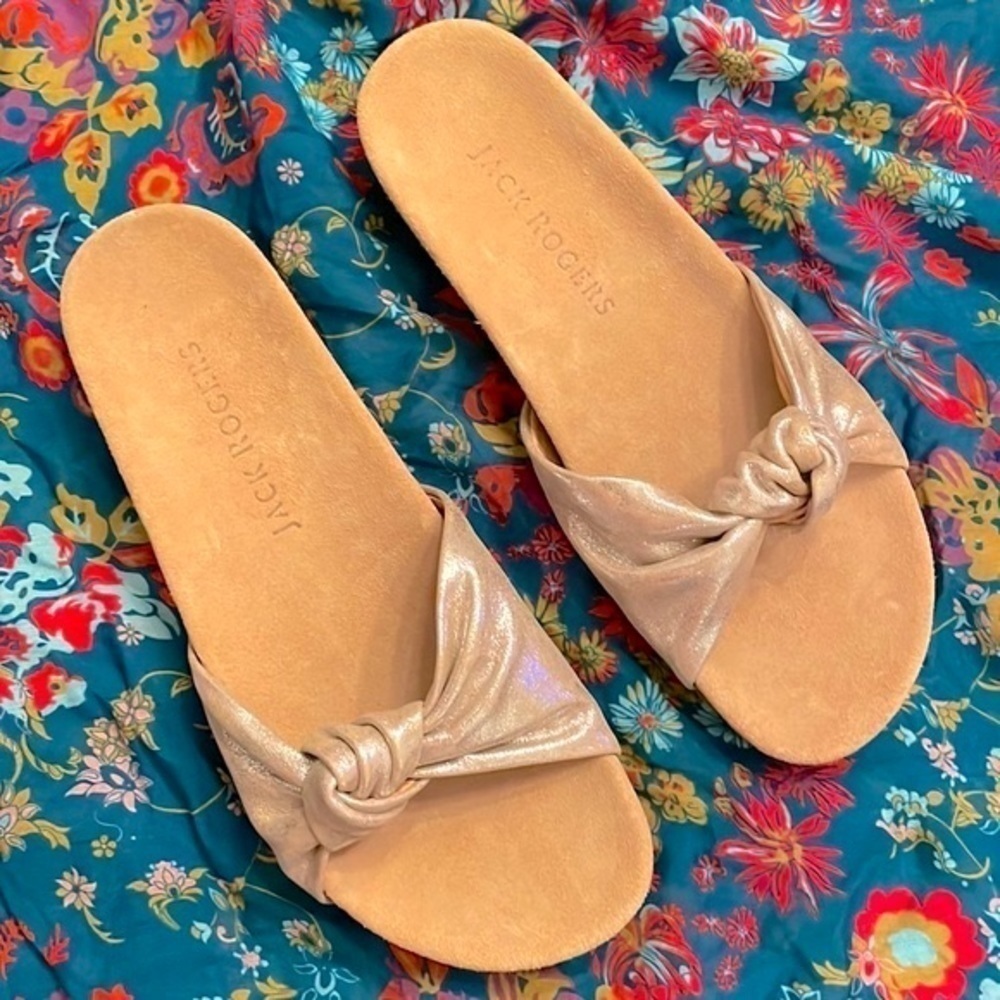 Brand New Jack Rogers Genuine Leather Knotted Comfort Slide Metallic Sandals